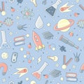 Back to school pattern. Science flat seamless pattern with scientific elements - molecule, atom structure, rocket, books