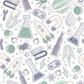 Back to school pattern. Science flat seamless pattern with scientific elements - molecule, atom structure, rocket, books