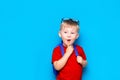 Back to school Portrait of happy surprised kid in glasses isolated on blue background with copy space. new school knowledges Royalty Free Stock Photo