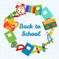 Back to School postcard. Frame from school objects. Office supplies on the background of a sheet of notebook. Royalty Free Stock Photo