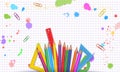 Back to school poster or banner design with realistic colorful school supplies isolated on abstract white background Royalty Free Stock Photo