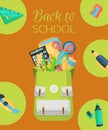 Back to school poster, banner. Kids school backpack with education equipment vector illustration. School supplies Royalty Free Stock Photo