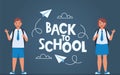 Back to school poster, banner. Lettering Back to school inscription with clouds and paper airplanes flying around, drawn with Royalty Free Stock Photo