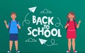 Back to school poster, banner. Lettering Back to school inscription with clouds and paper airplanes flying around, drawn with Royalty Free Stock Photo