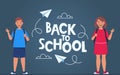 Back to school poster, banner. Lettering Back to school inscription with clouds and paper airplanes flying around, drawn with Royalty Free Stock Photo