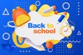 Back to school poster or banner. Vector 3d illustration of backpack, pencils and alarm clock. Education blue background Royalty Free Stock Photo