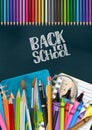 Back to school poster with colorful supplies - coloring pencils, pen, brushes, markers, ring notebooks, crayons Royalty Free Stock Photo