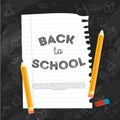 Back to school poster design with line paper list with doodles on dark chalkboard background Royalty Free Stock Photo