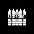 Back to school poster with five pencils and text in center on black background. Vector illustration. All isolated and layered