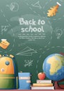 Back to school poster with school items and elements. Background with drawings drawn in chalk on a school blackboard Royalty Free Stock Photo