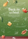 Back to school poster with school items and elements. Background with drawings drawn in chalk on a school blackboard Royalty Free Stock Photo