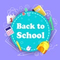 Back to school poster. Kids school backpack with education equipment vector illustration Royalty Free Stock Photo