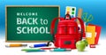 Back to school poster. Learning realistic elements and accessories. Backpack and study supplies. Colorful stationery