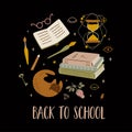Back to school poster. Mystery party invitation. Witchcraft banner, magical school. Meeting of graduation party high