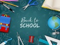 Back to school poster with realistic accessories and doodles on chalkboard background Royalty Free Stock Photo