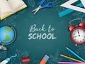 Back to school poster with realistic supplies and doodles on chalkboard background Royalty Free Stock Photo