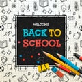 Back to school poster, sketchy notebook doodles with lettering, vector illustration. Royalty Free Stock Photo