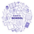 Back to school poster with school supplies and education items in circle Royalty Free Stock Photo