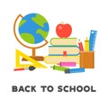Back to school poster and school supplies in flat design Royalty Free Stock Photo