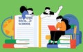 Back to school poster vector. Happy students reading books