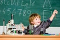 Back to school. Pupil looking through microscope . student do science experiment with microscope in lab. small boy using Royalty Free Stock Photo
