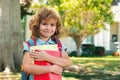 Back to school. Pupil of primary school on the way to study. First grader with school bag. Royalty Free Stock Photo