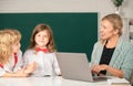 Back to school. School pupil with teacher learning at laptop computer, studying with online education e-learning in Royalty Free Stock Photo