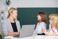 Back to school. School pupil with teacher learning at laptop computer, studying with online education e-learning in Royalty Free Stock Photo