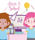 Back to school, pupils boy and girl computer backpack elementary education cartoon