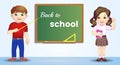 Back to school. Pupils near the blackboard. artoon character near blackboard. Great illustration for a school books and