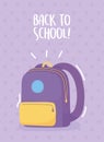 Back to school, purple backpack background, elementary education cartoon