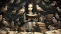 Back to School Reading: Illustration of a young reader with birds Royalty Free Stock Photo