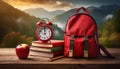 back to school red backpack with books apple Royalty Free Stock Photo