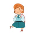 Back to School with Redhead Girl in Blue Uniform with Backpack Walking Vector Illustration
