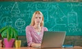 Back to school. Remote education. Student adorable blonde girl classroom chalkboard background. STEM concept. Formal Royalty Free Stock Photo