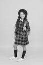 back to school. retro girl wear uniform and parisian beret. kid school fashion. cheerful child ready for schoolyear