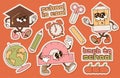 Back to school retro groovy stickers pack. Vintage Education conception. Funky cute stationery characters. Contour flat