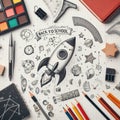 Back To School - Rocket With Colorful Pencils And Blackboard - Startup Concept Royalty Free Stock Photo