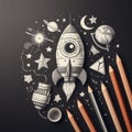 Back To School - Rocket With Colorful Pencils And Blackboard - Startup Concept Royalty Free Stock Photo