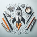 Back To School - Rocket With Colorful Pencils And Blackboard - Startup Concept Royalty Free Stock Photo