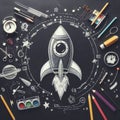 Back To School - Rocket With Colorful Pencils And Blackboard - Startup Concept Royalty Free Stock Photo