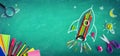 Back To School - Rocket With Colorful Pencils And Blackboard Royalty Free Stock Photo