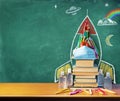 Back To School - Rocket Drawing With School Supplies And Covid-19 Protective Mask Royalty Free Stock Photo