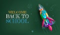 Back to school. Rocket launch. Stationery tools for learning. Kids items with space for text. Chalk drawing at Royalty Free Stock Photo