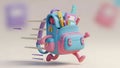 Back to School Running Backpack with Supplies, 3D Render Royalty Free Stock Photo