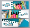 Back to school sale advertisement banner set with 3d realistic education supplies Royalty Free Stock Photo