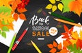 Back to school sale banner.Autumn leaves, pencils, paper clips and notebook sheets on the blackboard.Vector illustration for websi Royalty Free Stock Photo