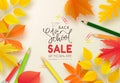 Back to school sale banner.Autumn leaves, pencils and pen on white background.Vector illustration for website , posters Royalty Free Stock Photo