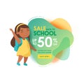 Back to School Sale Banner with Cute Cartoon Girl Student with Backpack Waving Hand. Little Pupil Rejoice for Discount Royalty Free Stock Photo