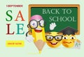 Back to school sale banner design with cartoon pencil, smart emotions and chalkboard. Text can be used for signs, posters, flyers